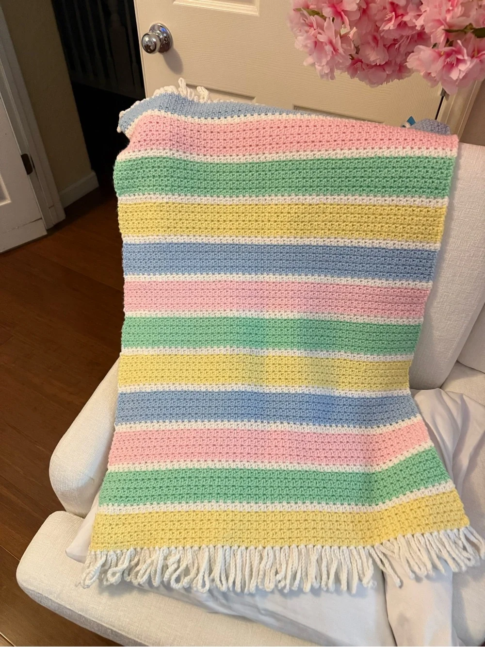 Handmade Cotton Crochet Afghan Lullaby Baby Blanket NWOT. Pastel Colors